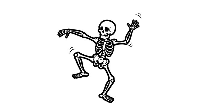 Energetic happy cartoon skeleton character dancing or jumping vigorously, isolated white background.