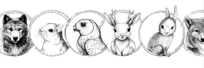Naklejka premium Doodle Banner Featuring Black Ink Sketches of Animals Including a Wolf, Bear, Deer, Owl, Fox, Rabbit, Hedgehog, and Squirrel in Doodle Frames