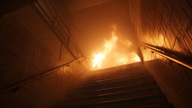 Smoke-filled stairwell corners and glowing flames below forming a visually intense and dangerous fire scenario