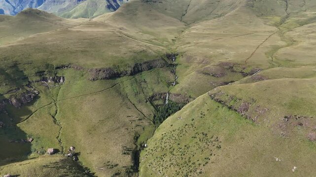 Aerial Plateau Valley Deep Gorge Vistas South Africa Wide Highland Panorama Revealing Steep Cliffs, Winding