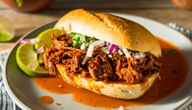 Mexican Torta Ahogada Drowned Pork Sandwich in Spicy Chili Sauce