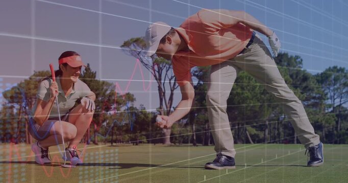 Animation of data processing over caucasian golf players