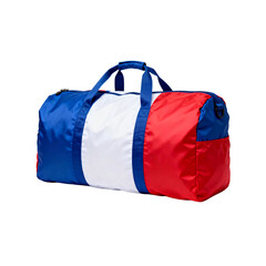 Naklejka premium Large Duffel Bag with France Flag Design Isolated on White Background, French National Tricolor Sports Gym Bag, Patriotic Blue White Red Travel Luggage for Fans and Athletes.