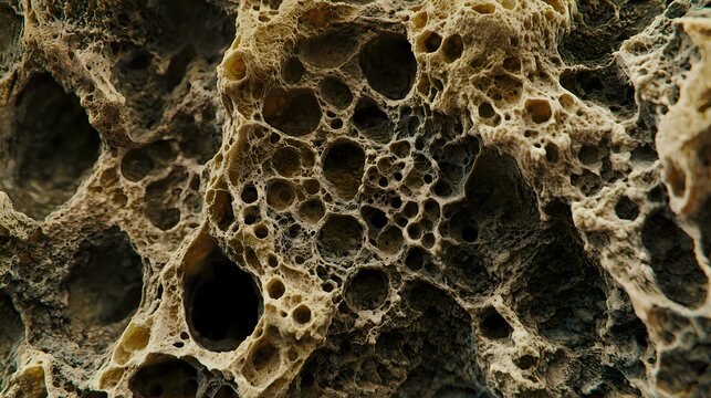 Macro shot of organic porous texture, abstract cellular bone structure and natural stone erosion pattern for scientific background