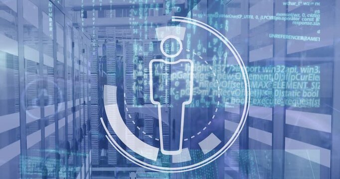 Animation of data processing and human icon with scope scanning over server room