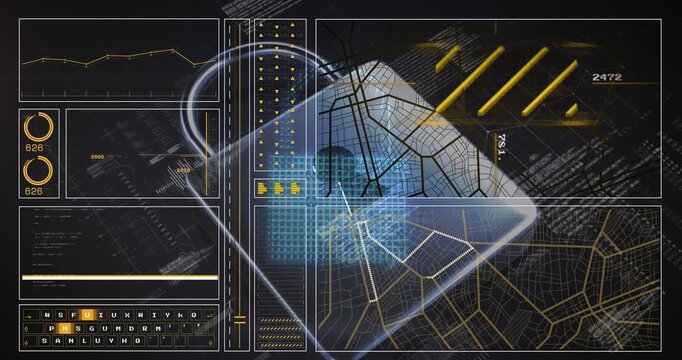 Animation of graph, loading circles, bars, navigation pattern over computer language and padlock
