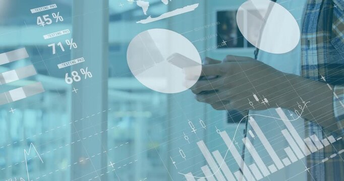 Animation of statistical data processing against mid section of a man using smartphone at office