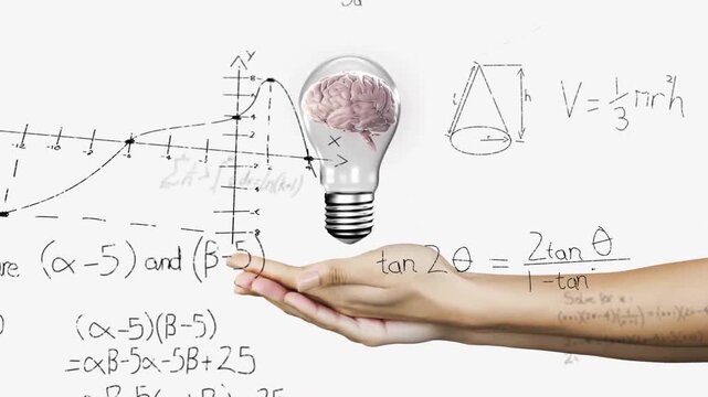 Animation of light bulb with brain over woman's hands and mathematical data processing