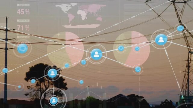 Animation of network of connections with icons over electricity pylons