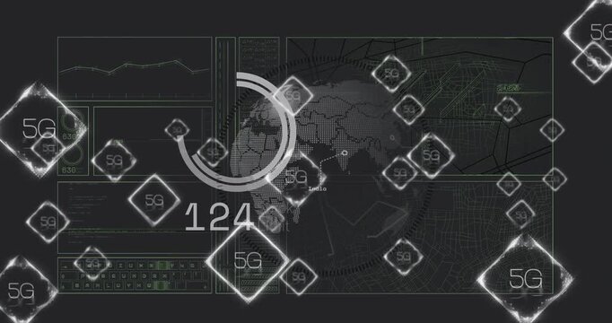 Circular progress gauge filling in futuristic dashboard with glowing 5G icons and wireframe panels