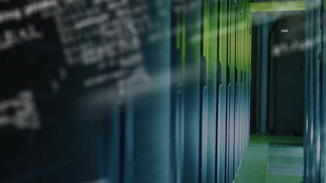 Server rack cabinets forming corridor under glowing LEDs, with code lines drifting in 3D render
