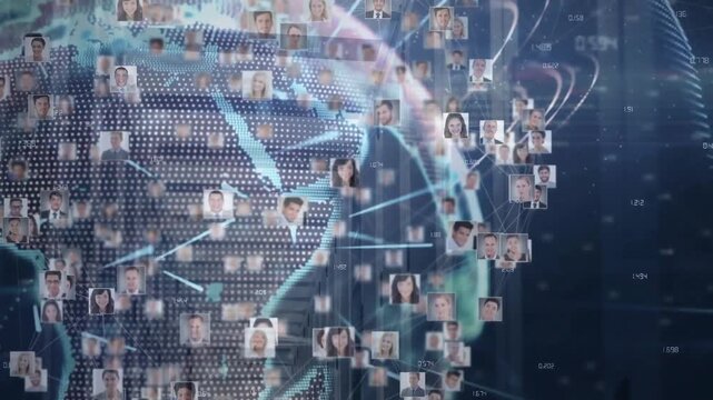 Professionals networking on tech interface, showing dotted globe with portrait thumbnails