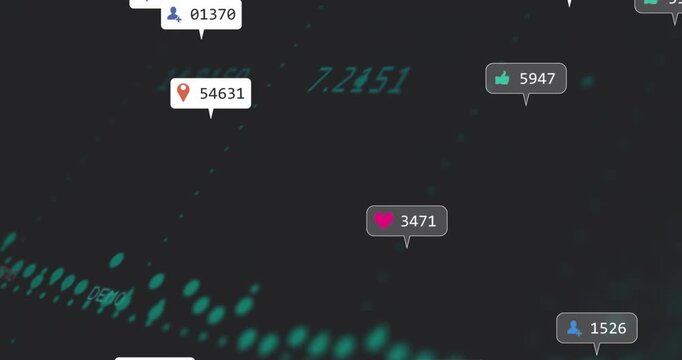 Floating glowing metric bubbles showing heart, thumbs-up, user, and pin icons in animated 3D render