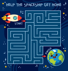 Educational space maze for kids where a spaceship travels to Earth. Fun learning activity that develops logic, attention, and problem-solving skills through an engaging space adventure. © kharlamova_lv