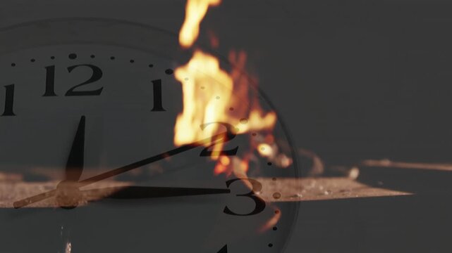 Spark igniting match, flame rising, flickering, base charring, embers falling, clock marking time