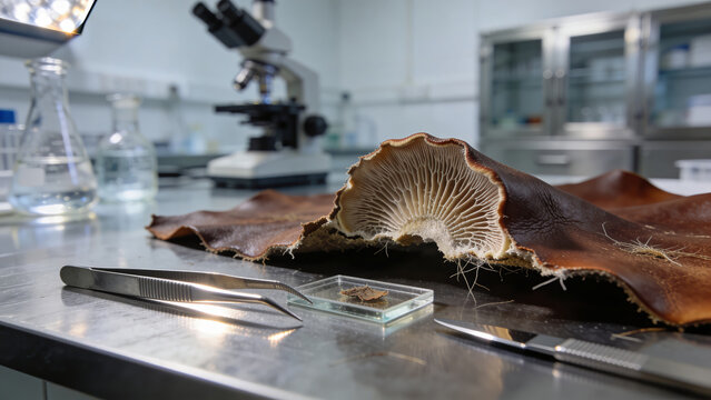 A detailed close-up of a textured mycelium leather sample and dissection tools in a modern research laboratory, with a microscope and glassware in the background