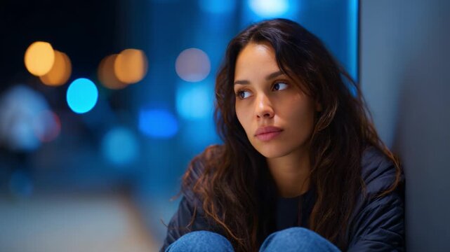 A contemplative young woman sitting in a modern urban setting, lost in thought, with a backdrop of blurred city lights creating a serene yet vibrant atmosphere.