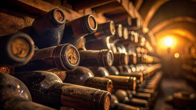 Row of wine bottles in dim cellar expressing maturation craftsmanship and wine industry atmosphere
