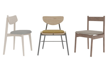 Fototapeta premium Three different wooden chairs with varying designs and colors.