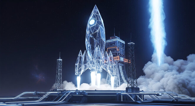 Crystal rocket launch platform with glowing lights and smoke trails against a dark night sky