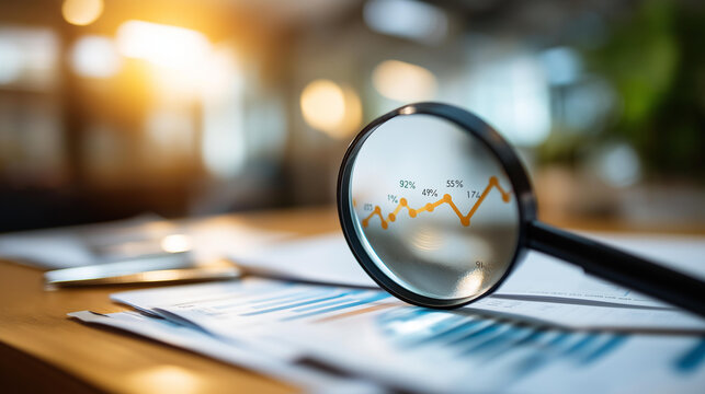 Close up of a magnifying glass held over a printed business growth chart showing an upward trend line with annotated milestone markers the lens enlarging the most recent growth