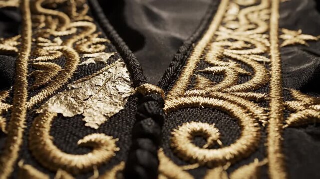 Detailed closeup of rich golden embroidery on black fabric, ornate patterns and textures, elegant traditional clothing detail