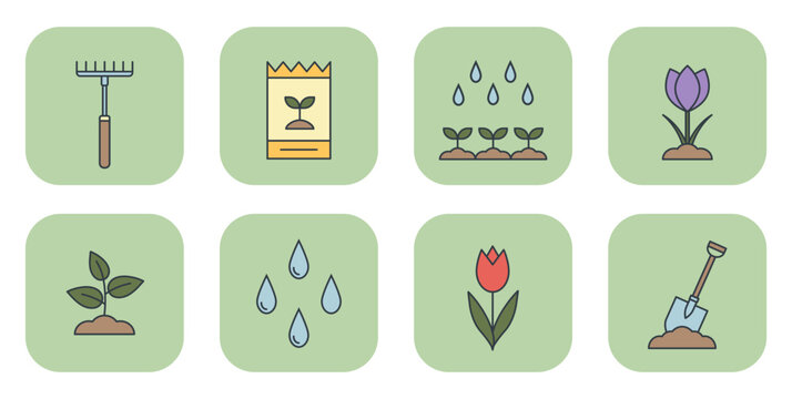 Flat vector spring garden icon set with tools, flowers and sprouts. Illustrations for spring design