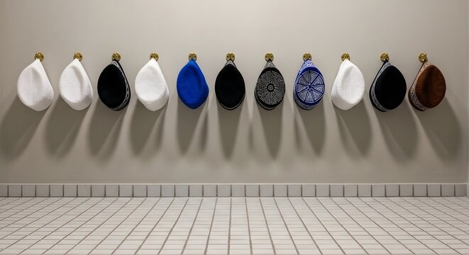 Row of Islamic Prayer Caps Hanging on Hooks in Tiled Room