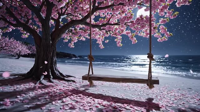 Moonlit Night on a Snowy Beach with a Cherry Blossom Tree Swing by the Sea