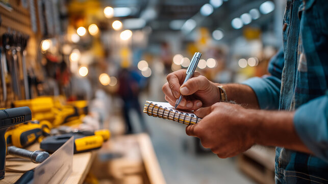 Close up of a hand writing on a small notepad while checking a bright hardware store tool pegboard the notepad showing a handwritten shopping list with checkmarks next