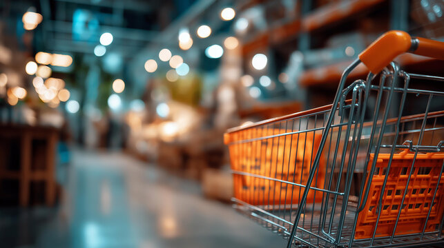 Close up of an empty bright orange shopping cart with a wobbling wheel at the entrance of a hardware store the store interior visible behind with blurred shelving and overhead