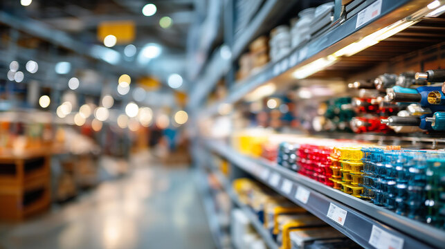 Close up of a blurred large hardware store interior with racks of tools and supplies creating a dreamy defocused retail landscape the blur transforming product rows into abstract