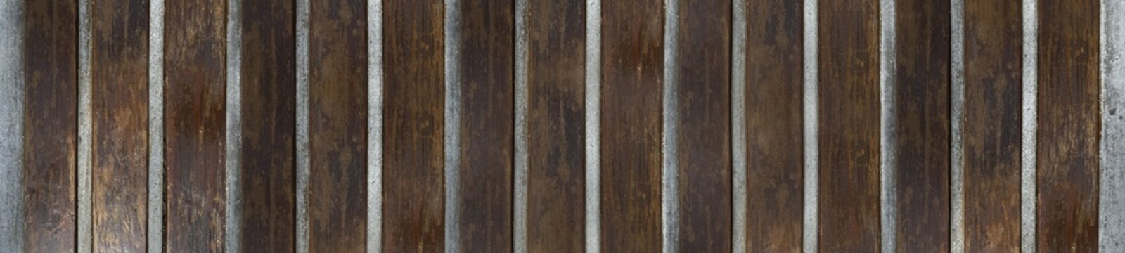 Vertical Dark Wood Planks and Concrete Strips Texture. Distressed Timber Background with Industrial Cement Lines.