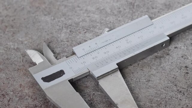 Close-up panning shot of a metallic vernier caliper on a textured industrial workshop floor, showing precise measurement markings and jaws.