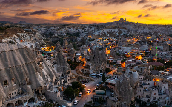 View of Goreme village with Uchisar castle. Cappadocia. Nevsehir Province. Turkey