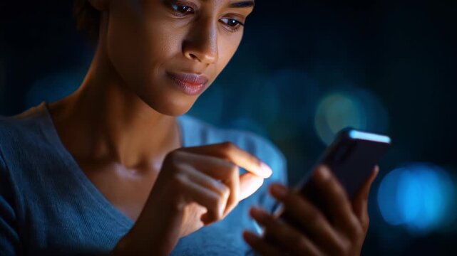 A woman focused on her smartphone device in a dimly lit environment, showcasing the intricate relationship between technology and human interaction in modern life.