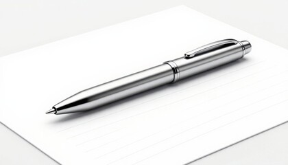 Naklejka premium Sleek Silver Ballpoint Pen Resting on Clean White Paper Surface, Studio Shot