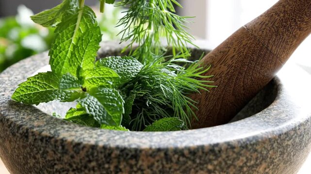 Fresh mint and dill in granite mortar with wooden pestle