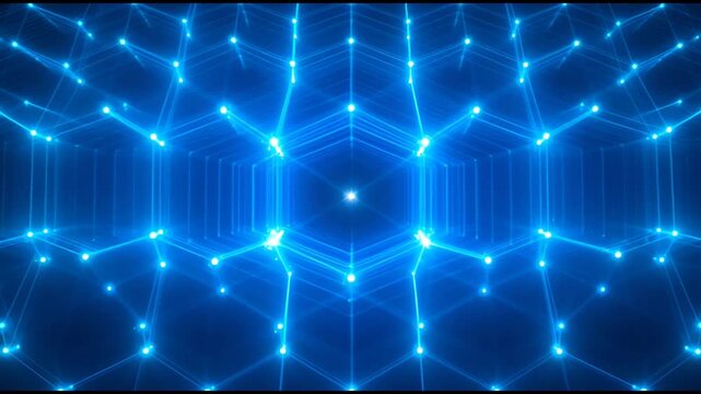 Vibrant blue lines illuminate a futuristic digital network, creating an abstract high-tech background with interconnected glowing points and geometric patterns