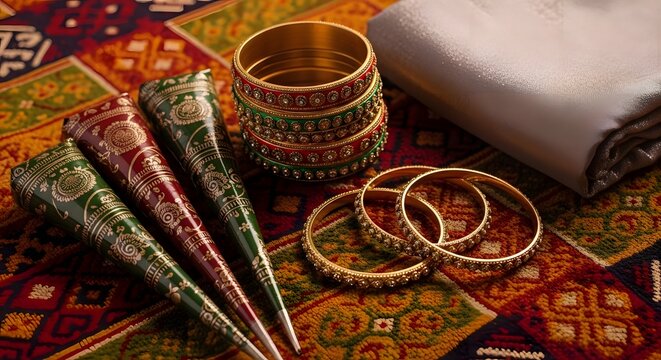 Traditional Indian Mehendi and Churi Boxes on Ornate Rug