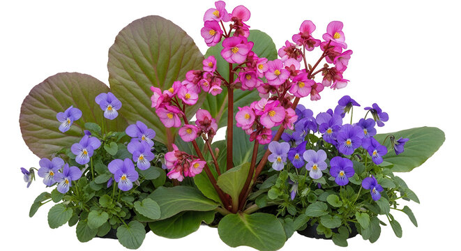 Set of Viola sororia and Bergenia purpurascens flowering frontal isolated png on a transparent background perfectly cutout