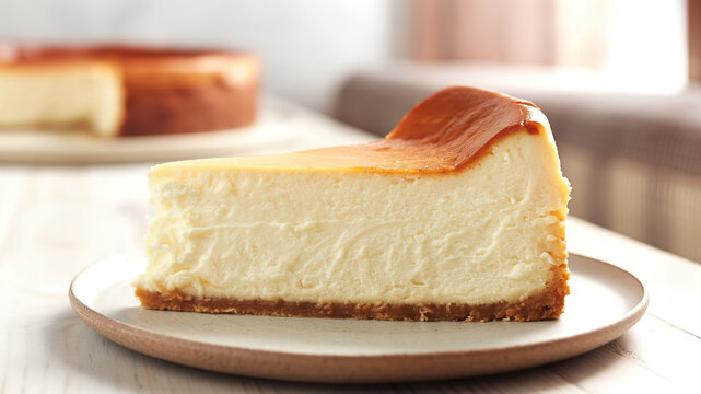 New York Cheesecake Slice on Ceramic Plate Bright Cafe Dessert Photo