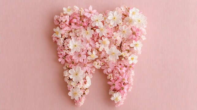 Dental health concept with pink and white flowers forming tooth