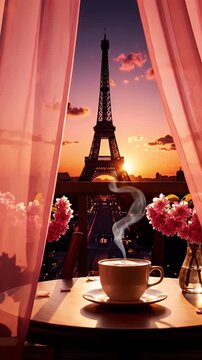 Romantic Parisian Table Setting Framed by Pink Curtains with Eiffel Tower in Sunset