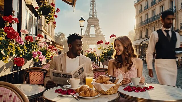 Romantic Parisian Cafe Terrace Scene With A Stylish Couple Enjoying Coffee Outdoors