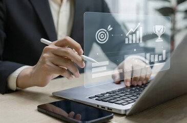 Obraz premium Businessman Using Virtual Reality Dashboard for Data Analysis and Business Growth