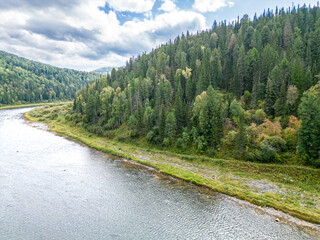 Fototapeta premium Beautiful Kiya River showing modern travel trends and digital experiences for tourists in Kemerovo region Siberian countryside