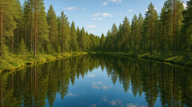 Tranquil River Reflection: The serene beauty of nature unfolds as a meandering river reflects a pristine forest, with the azure sky mirrored in its glassy surface.