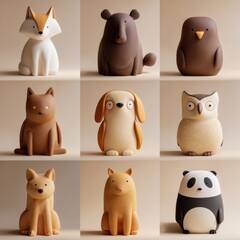 Naklejka premium Detailed 3D Clay-Style Animal Collection Including Fox, Bear, Cat, Dog, Rabbit, Owl, Elephant, Penguin, and Panda in Warm Colors in Grid Layout