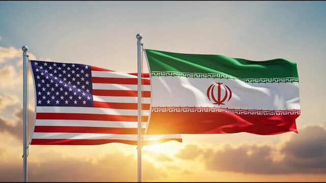 USA and Iran Flags Waving Against Sunset Sky for Diplomacy Concept